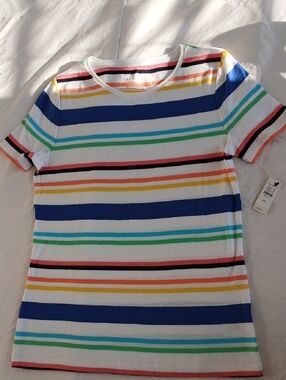 Talbots White Short-Sleeve Tee with Blue, Green, Yellow and Orange Stripes